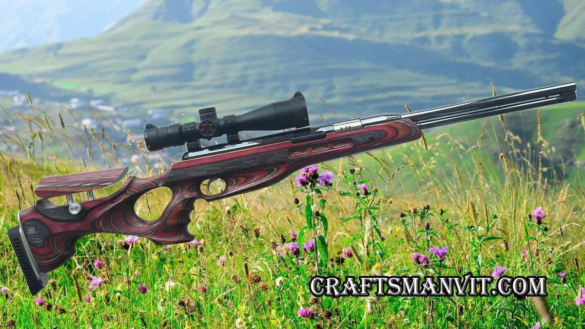 Air Arms TX200 & HC custom stock with coral snake finish in a field setting, ideal for precision shooting.