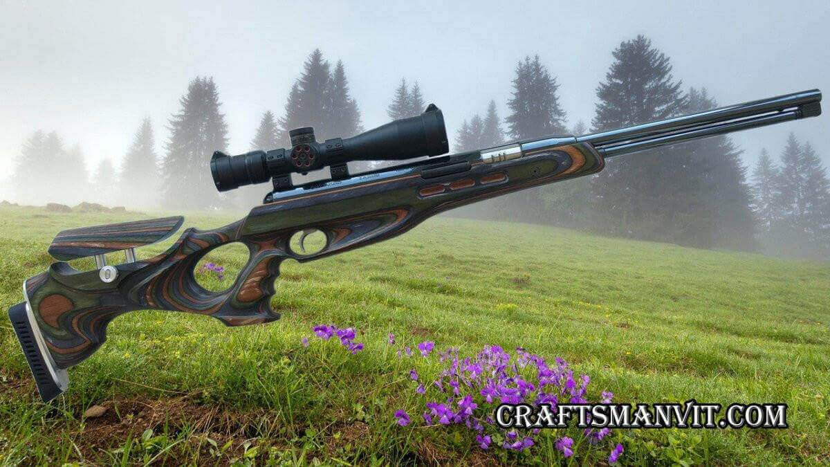 Air Arms TX200 & HC custom stock FT design forest camo laminate air rifle in a scenic outdoor setting.