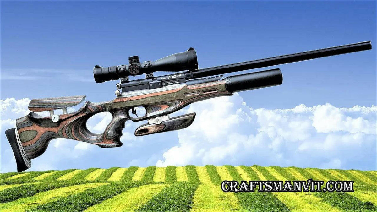 BSA R10 custom stock forest camo FT edition air rifle with scope in a scenic countryside backdrop.