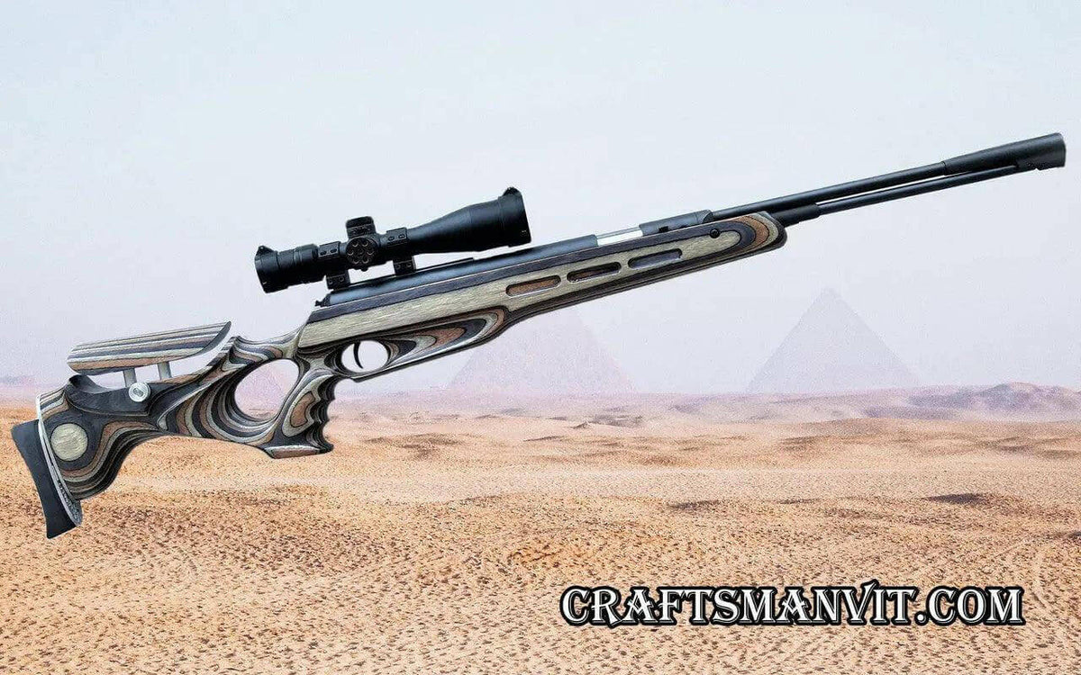Diana 460 & 470 custom stock mountain camo laminate FT Design air rifle with scope in desert landscape.