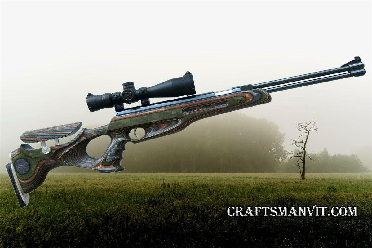Weihrauch HW77 HW97 custom stock featuring FT design in forest camo with scope, ideal for precision shooting.
