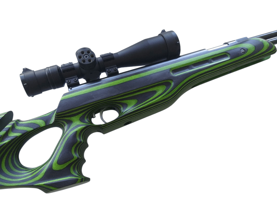 Weihrauch HW77 HW97 custom stock in Mamba Green design with scope attached for precision shooting.
