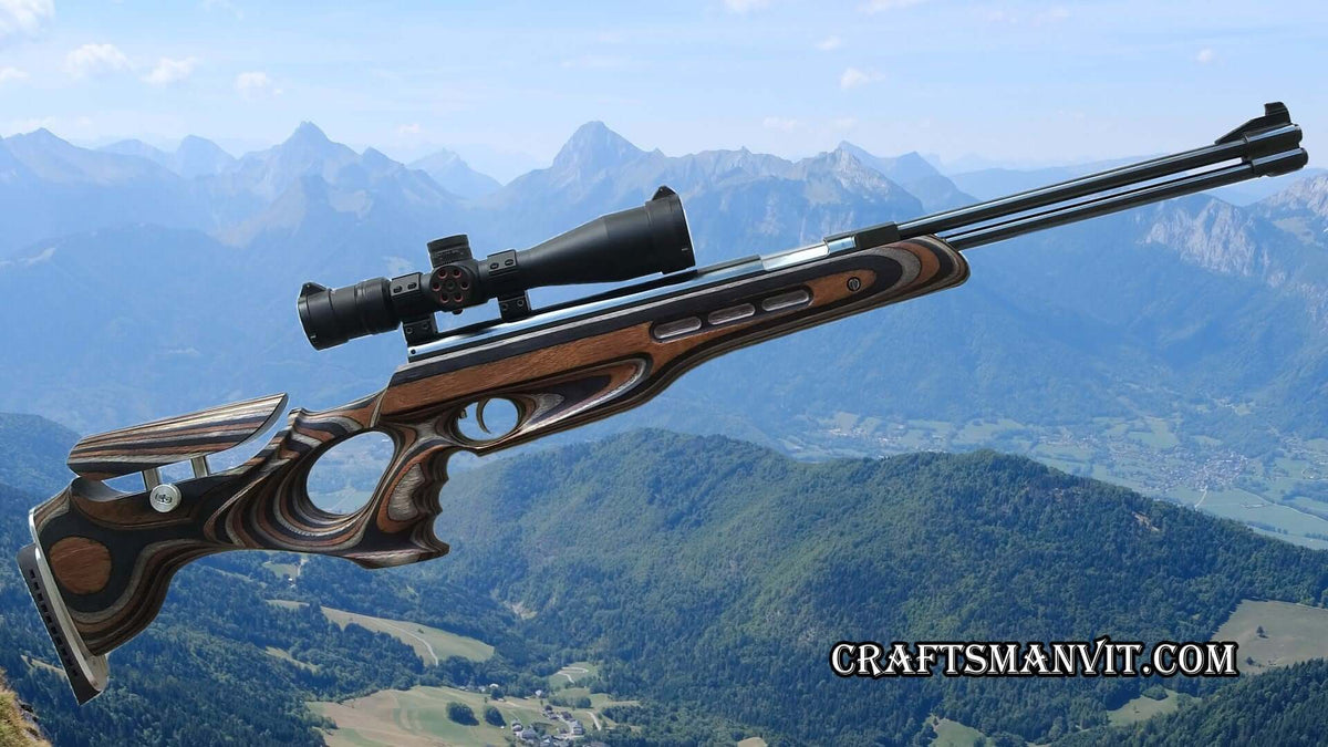 Weihrauch HW77 HW97 & Carbine custom stock in mountain camo with scope, set against a mountainous backdrop.