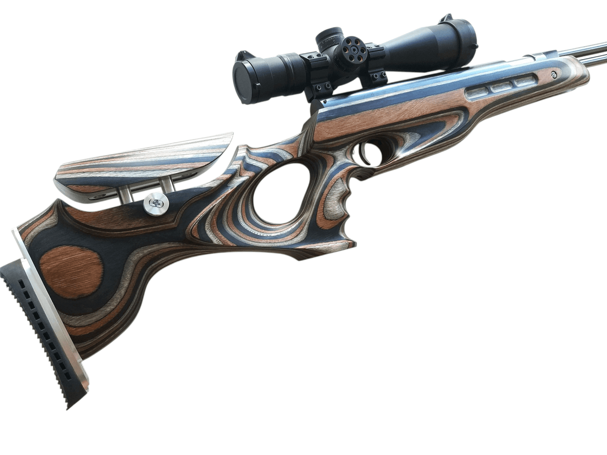 Weihrauch HW77 HW97 & Carbine custom stock in Mountain Camo finish with precision scope for elite range shooting.