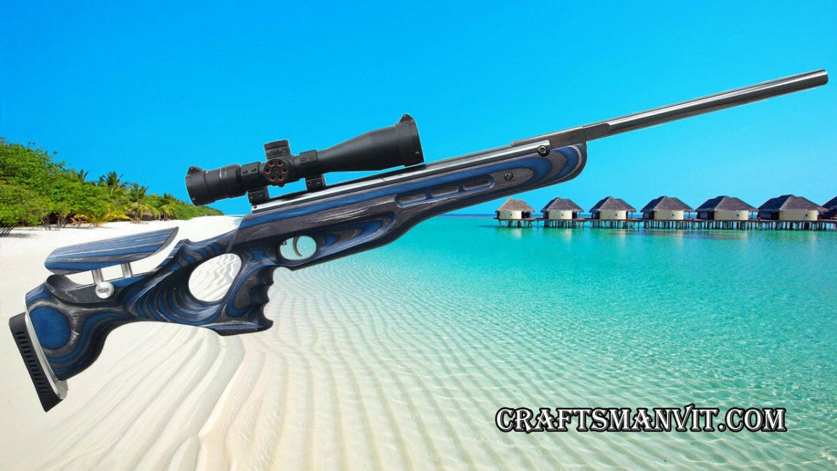 Weihrauch HW95 & HW98 custom stock FT design royal blue placed on a beach background, showcasing premium craftsmanship.