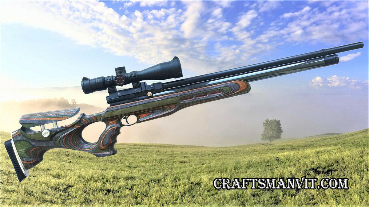Custom stock for Air Arms S400/500 series "forest camo" laminate + cheek riser and pad.